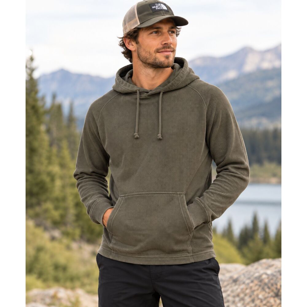 The North Face Olive Green Waffle Knit Hoodie Men’s Small Pullover Outdoor